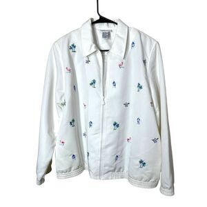 Vintage Alfred Dunner Embroidered Jacket Size 14 Tropical Flamingo Flowers White